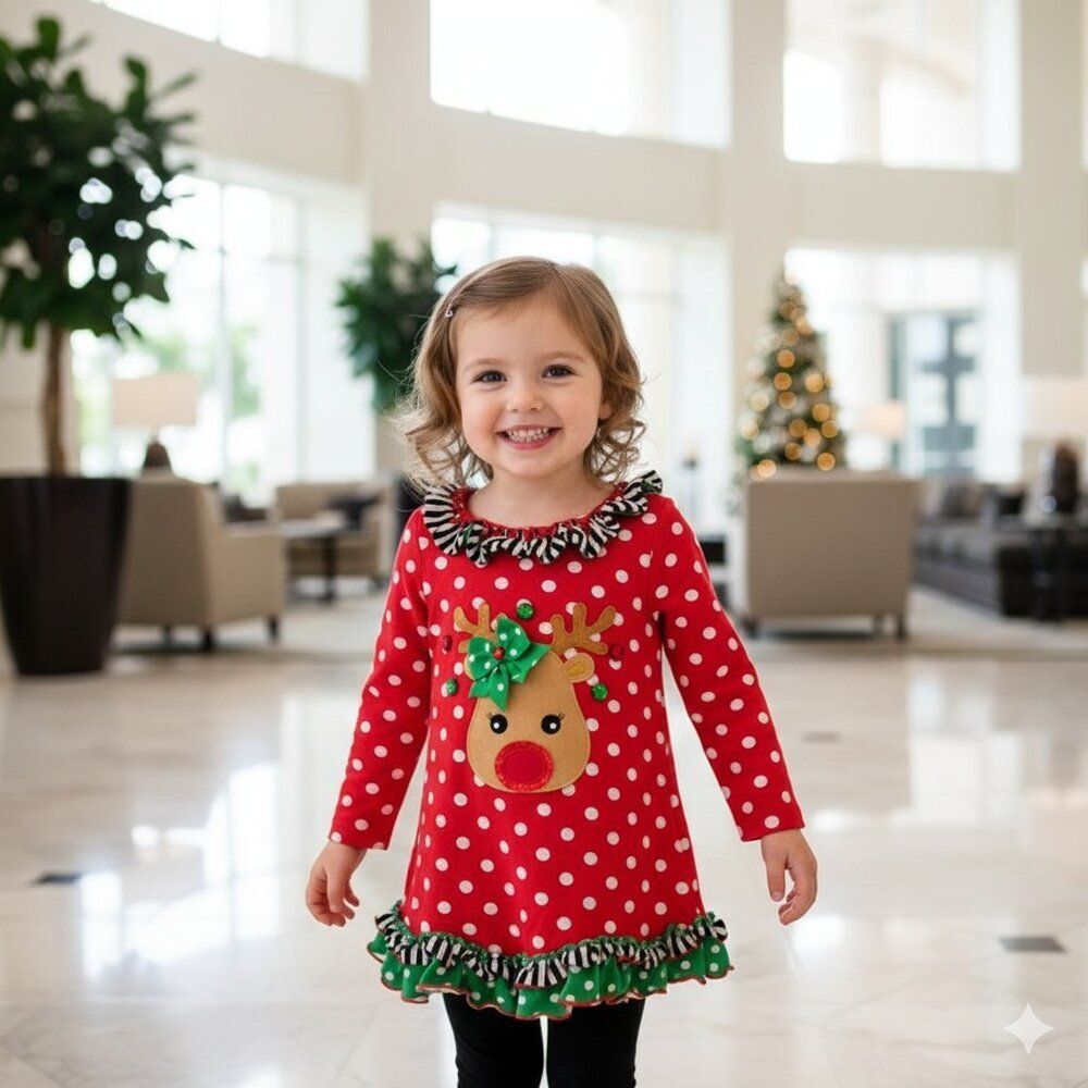 Bonnie Jean Red Polka Dot Reindeer Dress Girls Size 3T
